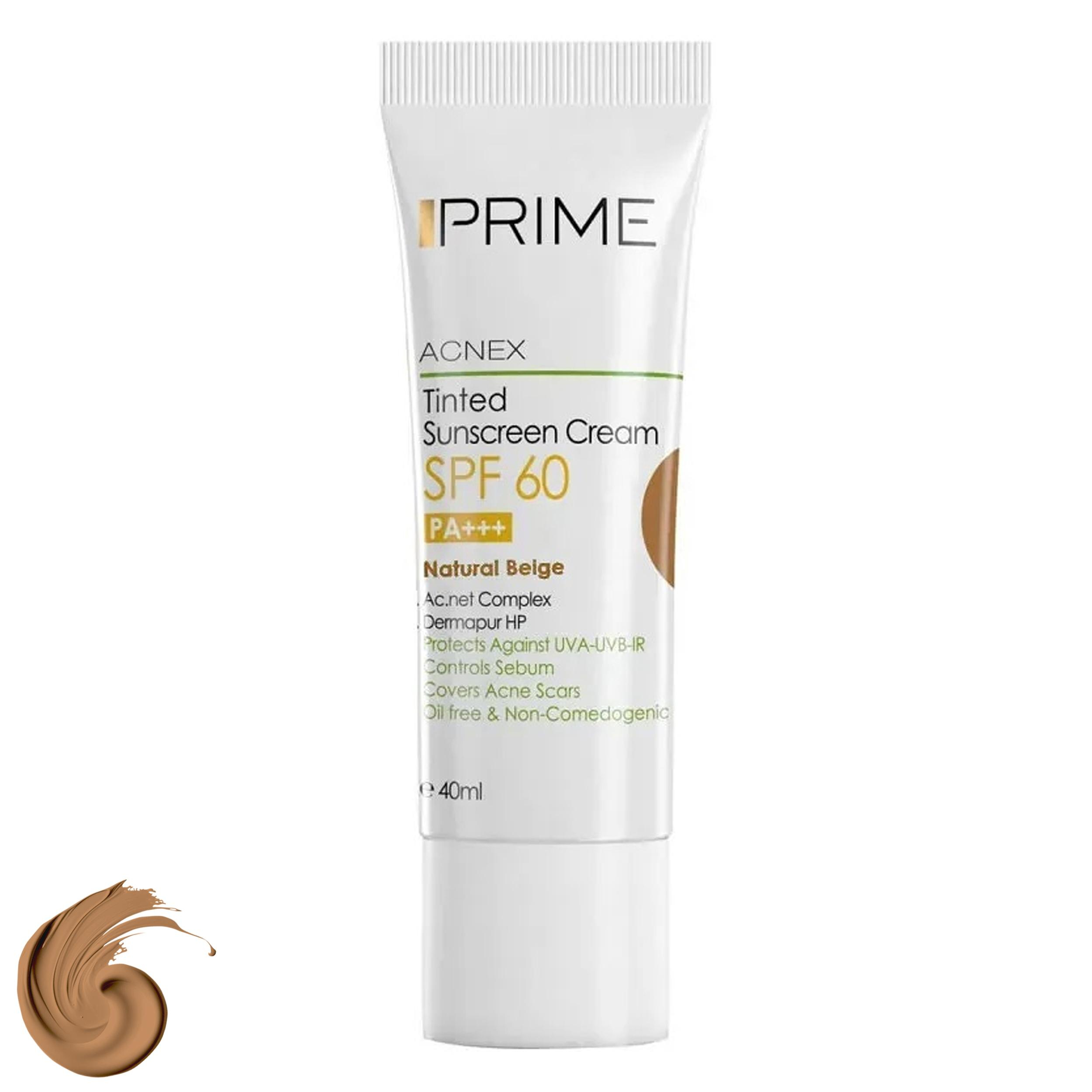 کرم ضدآفتاب رنگی پرایم، 60 SPF، مدل 02، مناسب پوست چرب و مختلط تنالیته رنگ متوسط و حجم 40 میلی‌لیتر، محافظت کننده در برابر اشعه UVA،IRو UVB، کنترل کننده ترشح سبوم، فاقد چربی و غیر کومدون‌زا، +++PA، پوشش دهنده جای جوش، با ماندگاری 3 ساعته