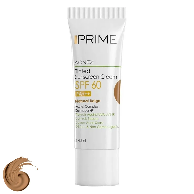 کرم ضدآفتاب رنگی پرایم، 60 SPF، مدل 02، مناسب پوست چرب و مختلط تنالیته رنگ متوسط و حجم 40 میلی‌لیتر، محافظت کننده در برابر اشعه UVA،IRو UVB، کنترل کننده ترشح سبوم، فاقد چربی و غیر کومدون‌زا، +++PA، پوشش دهنده جای جوش، با ماندگاری 3 ساعته