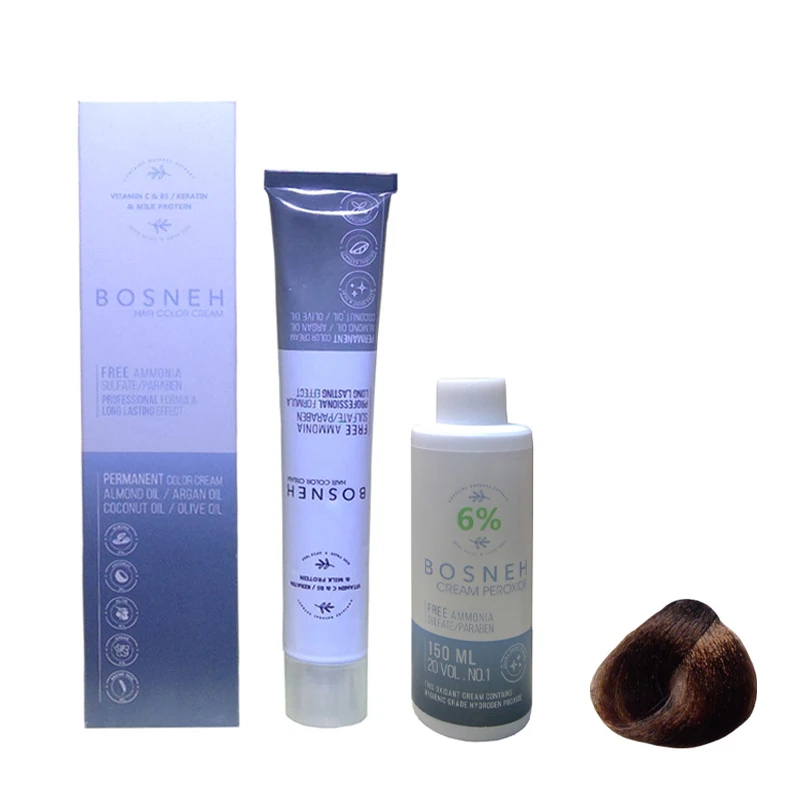 رنگ مو بوسنه مدل FREE AMMONIA شماره 5.73 حجم 100 میلی لیتر رنگ نسکافه ای روشن به همراه اکسیدان بوسنه مدل 20vol شش درصدی حجم 150 میلی لیتر