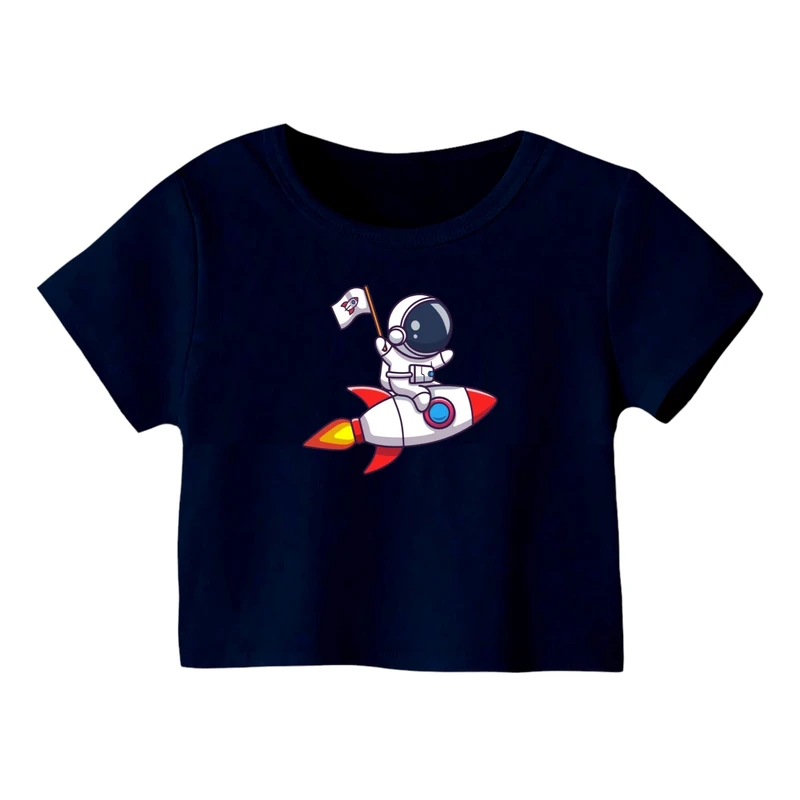 کراپ‌ تی‌شرت آستین کوتاه زنانه مدل فضانورد کد 18 رنگ سرمه ای