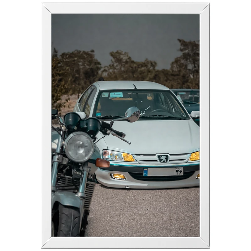 تابلو بکلیت طرح موتور سنگین هوندا سی بی HONDA CB1300 و ماشین پژو پارس مدل W-po2075 فریم سفید