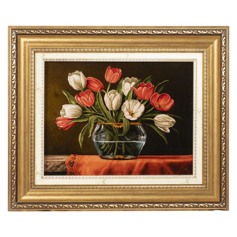 تابلو فرش دستباف سی پرشیا طرح گل لاله در گلدان شیشه ای کد 904248