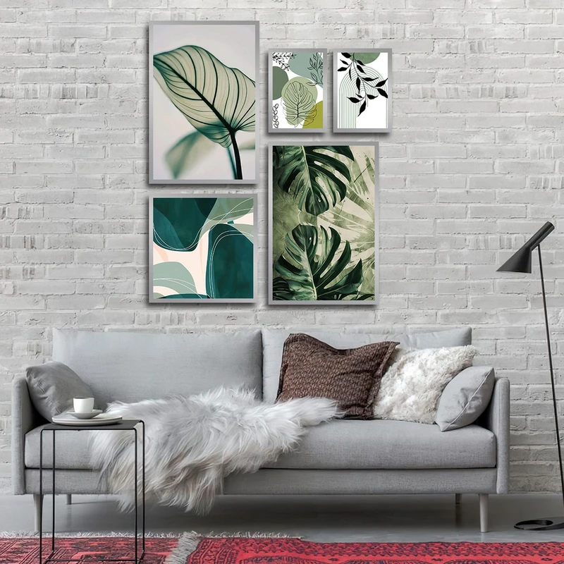 تابلو بکلیت طرح نقاشی مینیمال و برگ انجیری مدل SI-3075 مجموعه 5 عددی