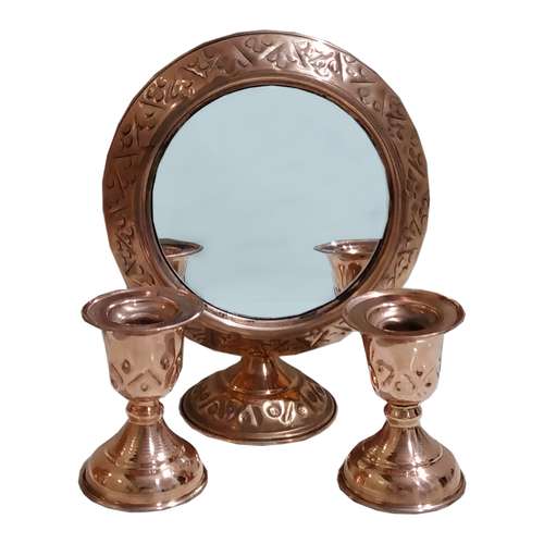 ست 3 تکه آینه و شمعدان مسی مدل قلمزده کدME01