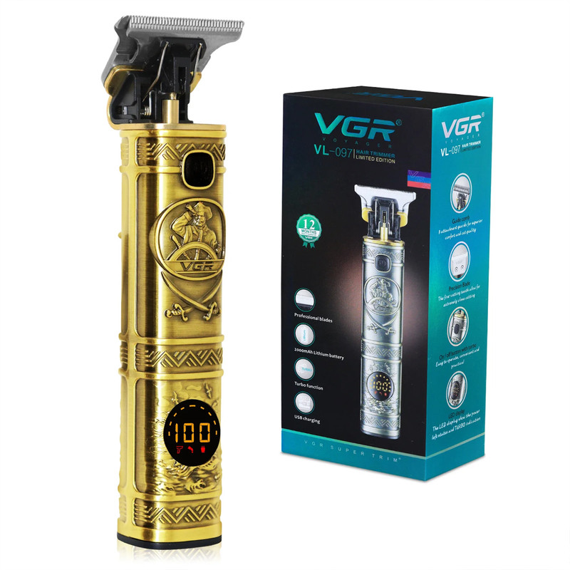ماشین اصلاح موی صورت وی جی ار مدل V-097 با تیغه استیل ضد زنگ، موتور 6500 دور در دقیقه، قابلیت تنظیم سرعت، عملکرد توربو، نمایش وضعیت باتری و سه عدد شانه در سایزهای 1، 2 و 3 میلی‌متر