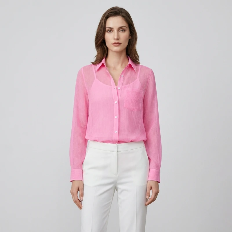 شومیز آستین بلند یقه برگردان زنانه مدل Chemise-Chiffon Crepe/Pink-01