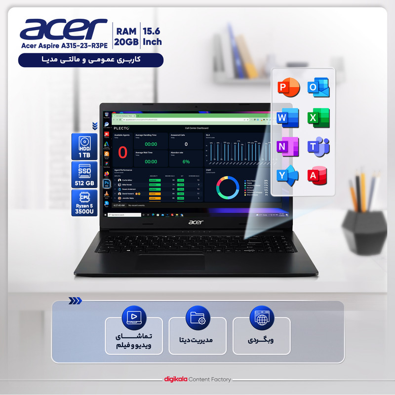 لپ تاپ 15.6 اینچی ایسر مدل Aspire A315-23-R3PE-R5 3500U 20GB 512SSD 1HDD VEGA8 - کاستوم شده لپ تاپ 15.6 اینچی ایسر مدل Aspire A315-23-R3PE-R5 3500U 20GB 512SSD 1HDD VEGA8 - کاستوم شده