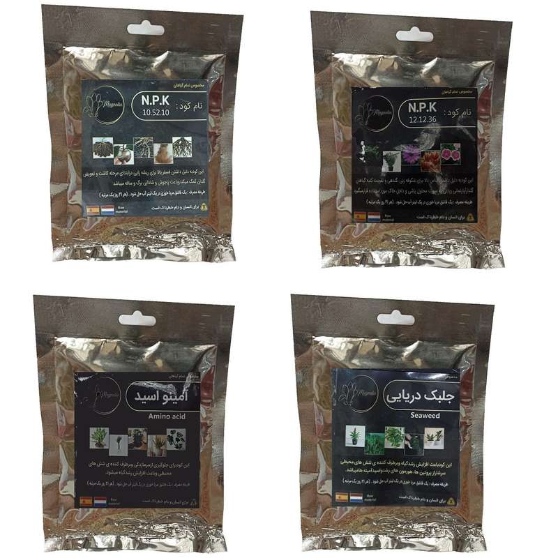 کود فسفر ریشه زایی 10-52-10 وگلدهی 36-12-12 و امینو اسید و جلبک دریایی مدل raw material وزن 200 گرم بسته 4 عددی