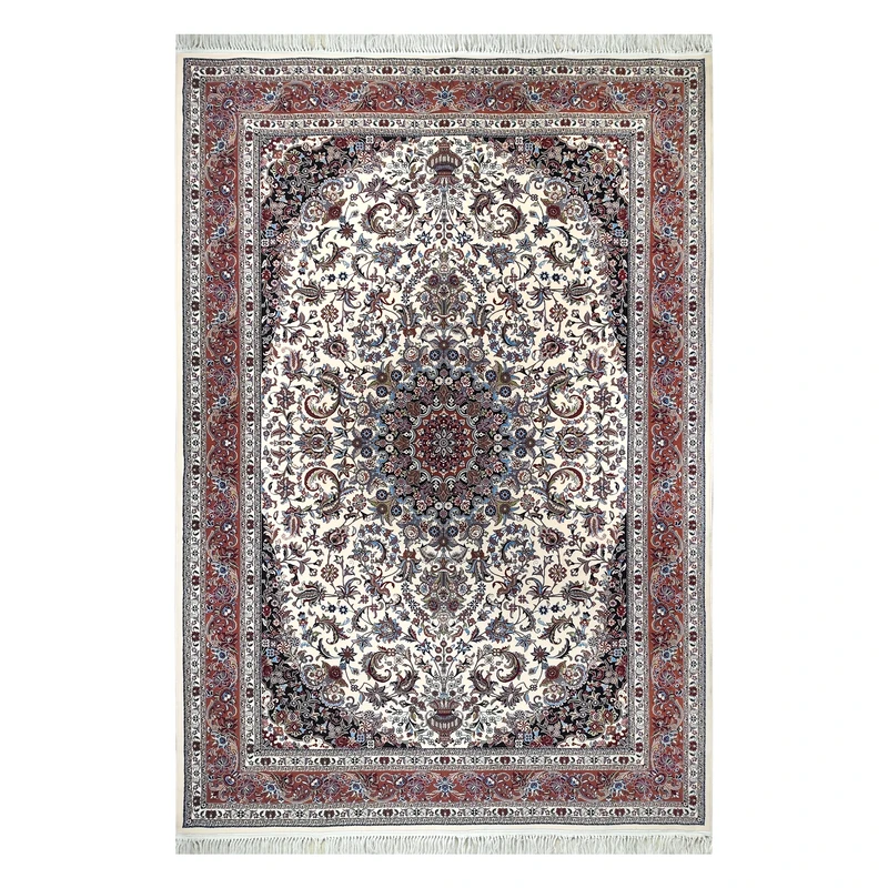 فرش ماشینی 700 شانه فرش توس مشهد زمینه کرم حاشیه مسی مدل بیجار