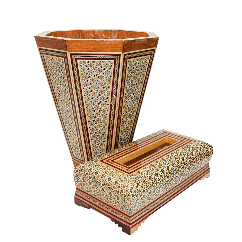 ست سطل و جعبه دستمال کاغذی خاتم کاری چوبی صنایع دستی فاخر مدل سنتی کد Tl21wire