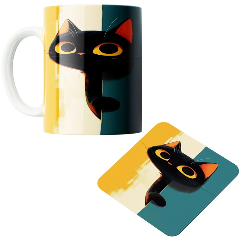 ماگ مدل گربه سیاه کد 39 به همراه زیرلیوانی