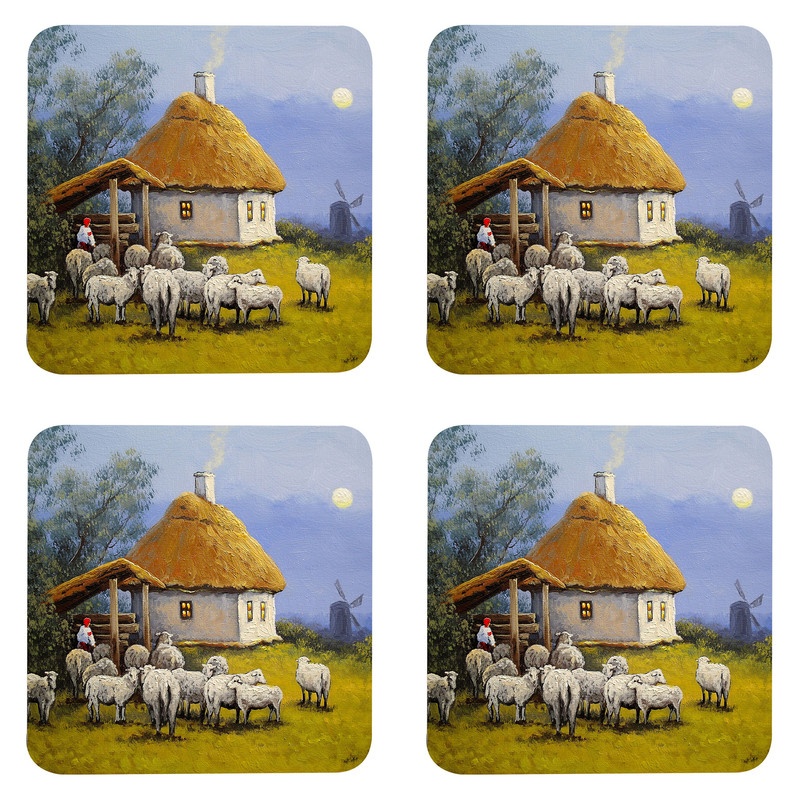 زیر لیوانی مدل Z1019 طرح نقاشی منظره مزرعه آسیاب بادی و کلبه و گله گوسفند بسته چهار عددی