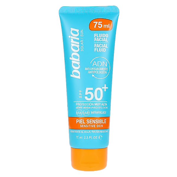 فلوئید ضد آفتاب بی رنگ باباریا SPF 50 مدل SENSITIVE مناسب برای پوست های حساس حجم 75 میلی لیتر