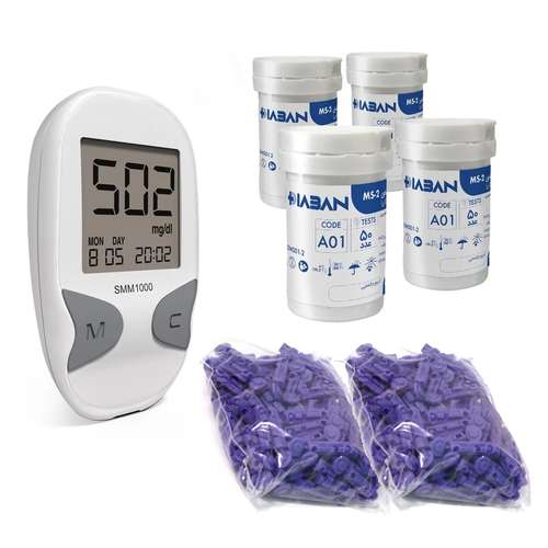 دستگاه تست قند خون دیابان مدل SMM1000 به همراه 4 بسته نوار 50 عددی و 2 بسته 100 عددی سوزن لنست گالا 