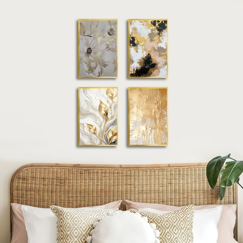 تابلو بکلیت طرح نقاشی گل و برگ طلایی مدل T-3354 فریم طلایی مجموعه 4 عددی