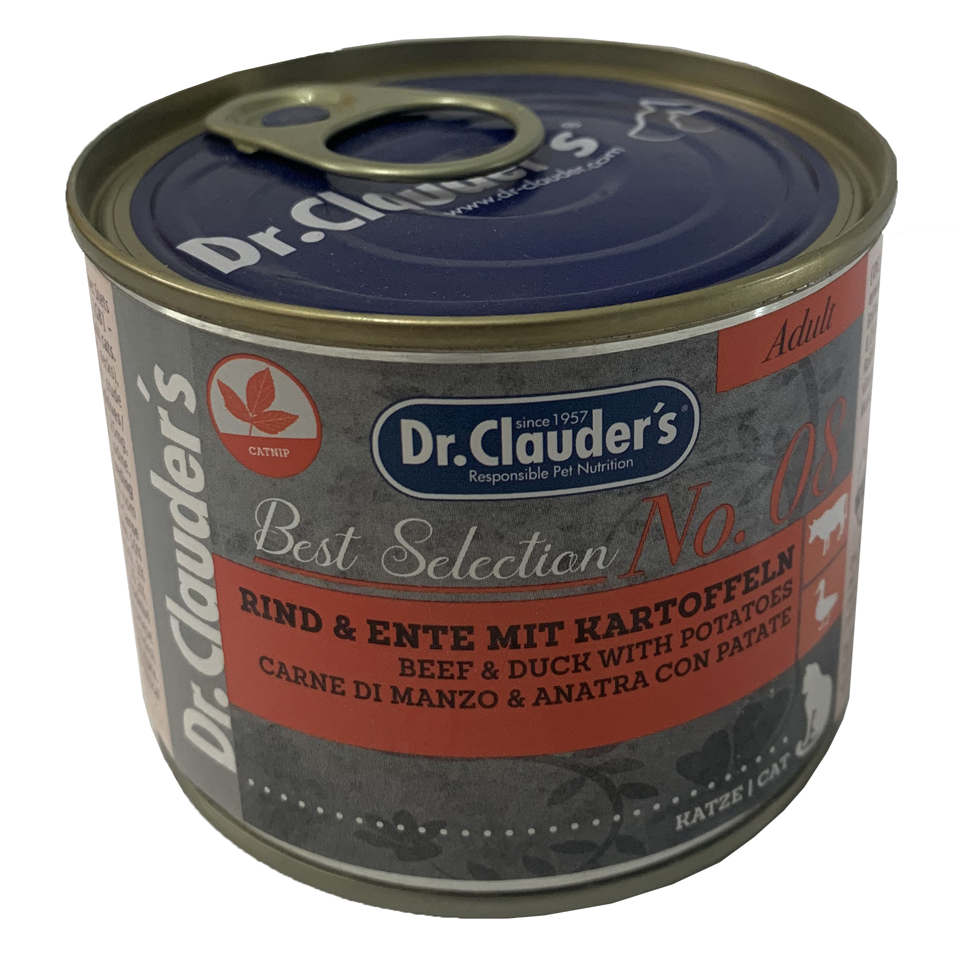 کنسرو غذای گربه دکتر کلادرز مدل No.08 Beef & Duck with potatoes وزن 200 گرم