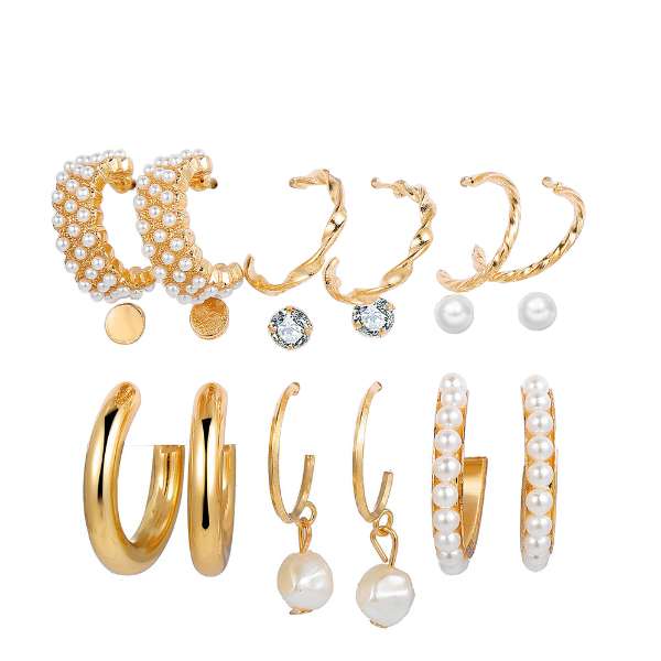 گوشواره دخترانه مدل حلقه ای مرواریدی بسته 9 عددی گوشواره دخترانه مدل حلقه ای مرواریدی بسته 9 عددی