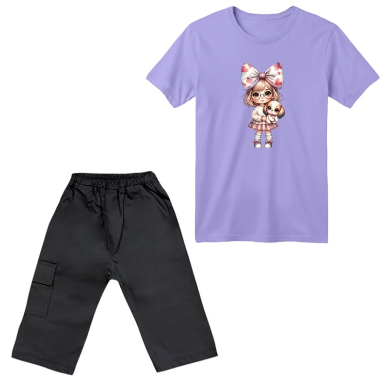 ست تی‌شرت آستین کوتاه و شلوارک دخترانه مدل دخترک و سگ کد 10