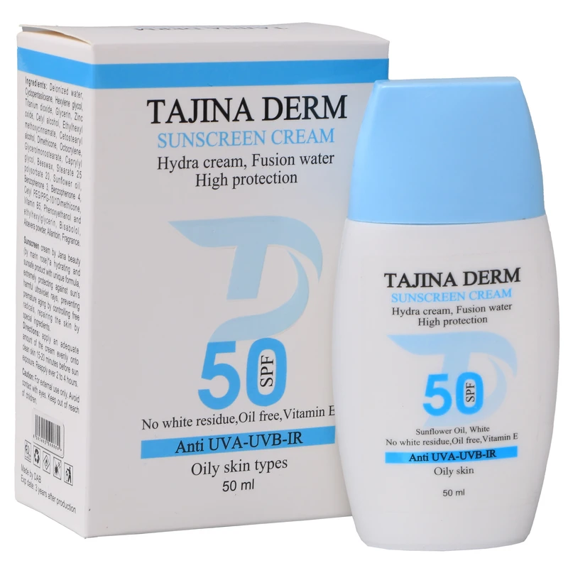 کرم ضد آفتاب بی‌رنگ تاجینادرم SPF 50 مدل oily محافظ UVA/UVB مناسب برای پوست های چرب حجم 50 میلی‌لیتر