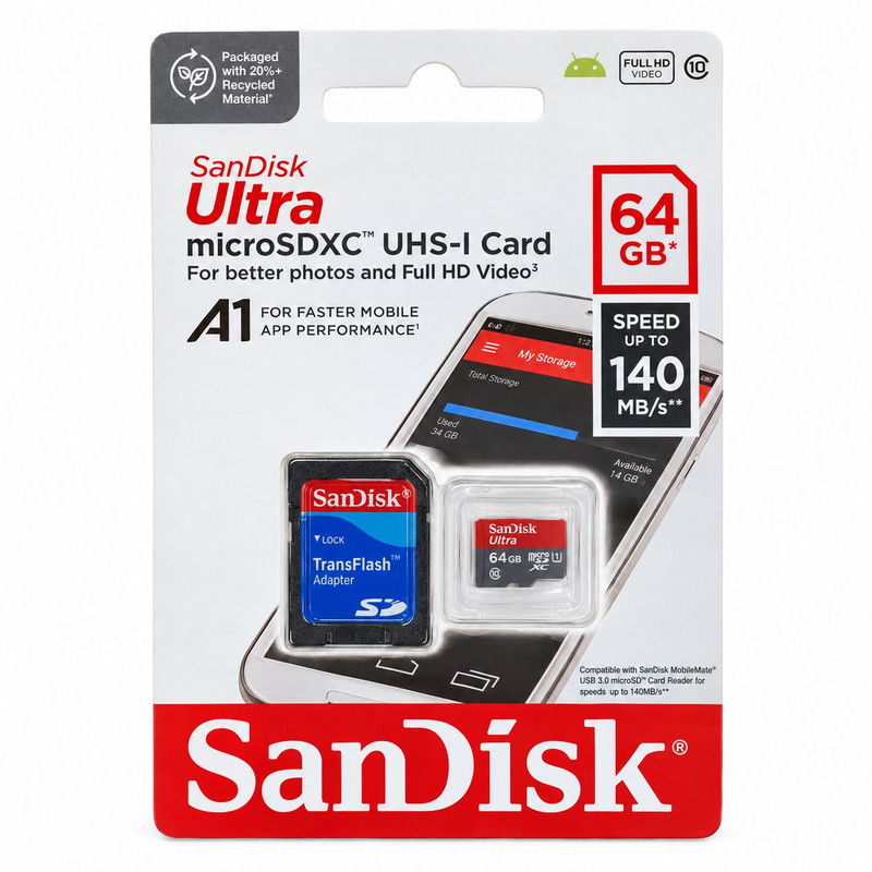 کارت حافظه microSDXC سن‌دیسک مدل Ultra A1 کلاس 10 استاندارد UHS-I U1 سرعت 140 مگابایت بر ثانیه ظرفیت 64 گیگابایت
