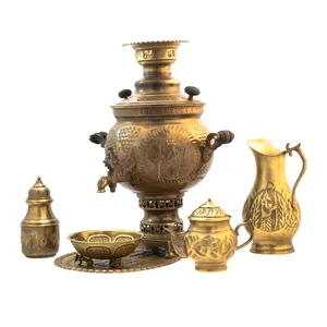 سرویس سماور ذغالی 6 پارچه برنجی مدل قلم کاری کد 12359