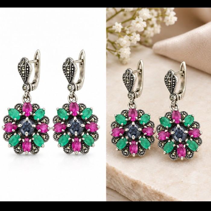 گوشواره آویز نقره زنانه مدل یاقوت و زمرد کد 3500