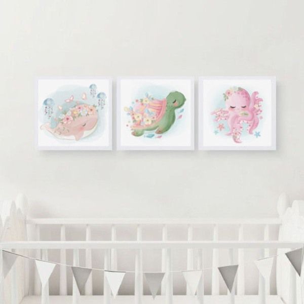 تابلو کودک و نوزاد مدل آبرنگی دریایی کد DV-WPKIDS-SEA001 مجموعه 3 عددی