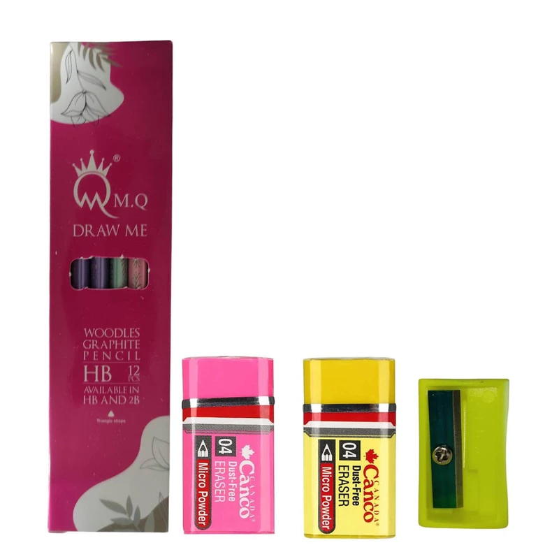 مداد مشکی ام کیو مثلثی مدل پاک کن دار به همراه دو عدد پاک کن کنکو و تراش مجموعه 15 عددی