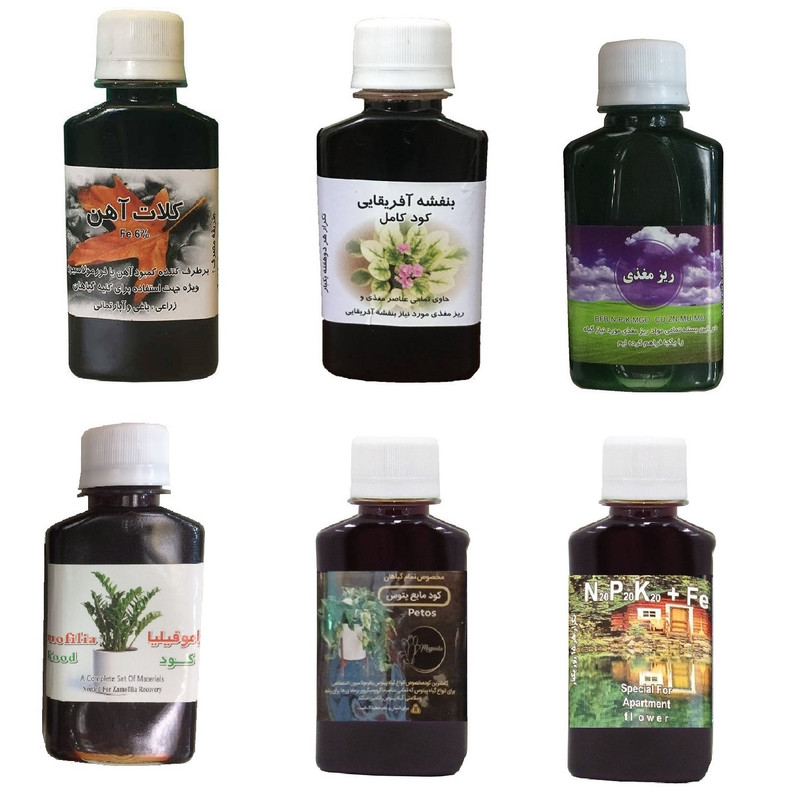 کود مایع کلات آهن و بنفشه آفریقایی و ریز مغذی و زاموفیلیا و پتوس و سه بیست مدل life drop حجم 120 میلی لیتر