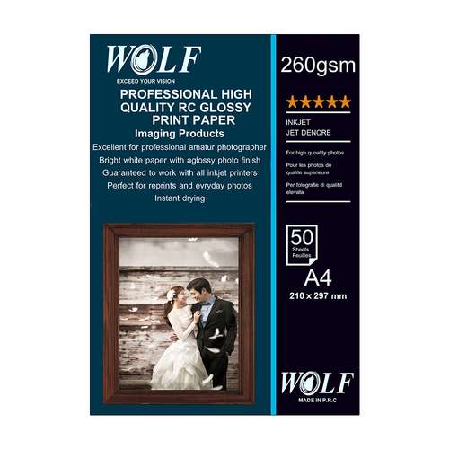 کاغذ چاپ عکس گلاسه ولف مدل Professinol-260g سایز A4 بسته 50 عددی