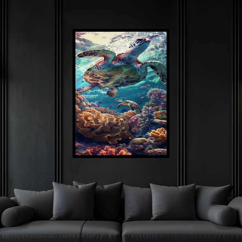تابلو بکلیت طرح دکوری هنری منظره طبیعت دریا حیوانات لاک پشت مدل B-bu6848 فریم مشکی