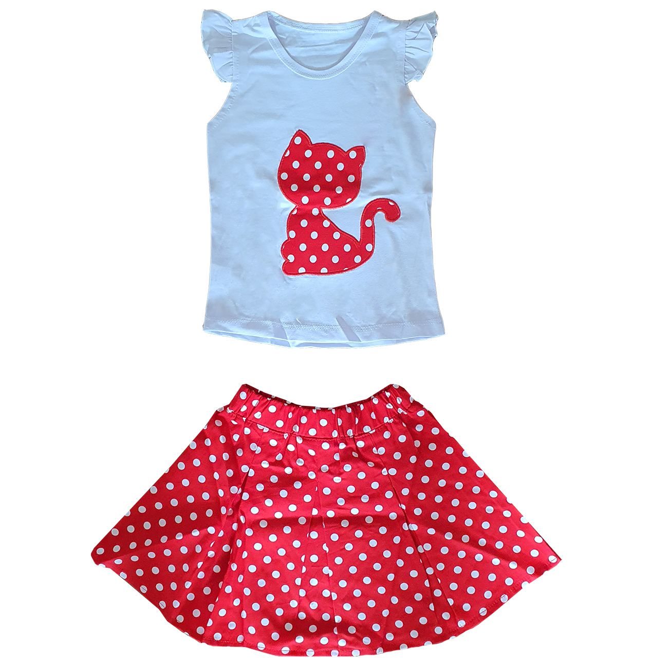 ست تاپ و دامن دخترانه مدل خالدار رنگ قرمز 