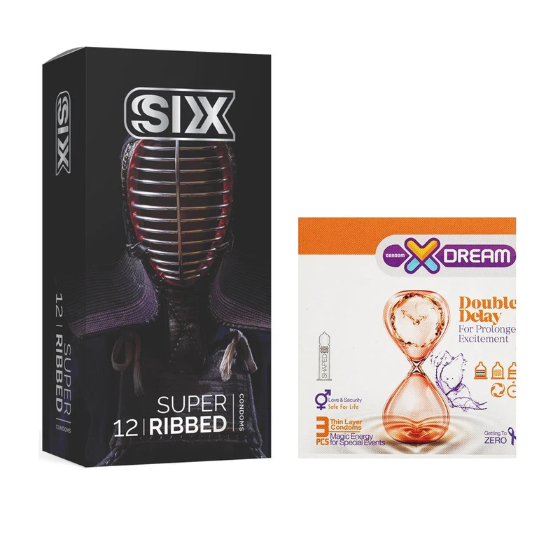 کاندوم سیکس مدل Super Ribbed بسته 12 عددی به همراه کاندوم ایکس دریم مدل Double Delay بسته 3 عددی