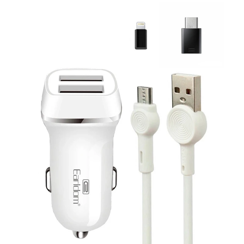 شارژر فندکی 30 وات ارلدام مدل ES-125 به همراه کابل تبدیل USB به microUSB / لایتنینگ / USB-C