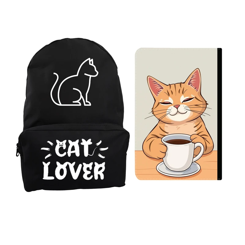 کوله پشتی مدرسه مدل گربه و قهوه کد 120 به همراه کلاسور