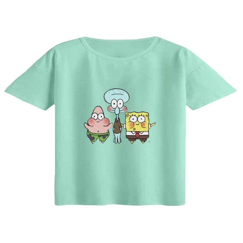کراپ تی‌شرت آستین کوتاه زنانه مدل باب اسفنجی و دوستان