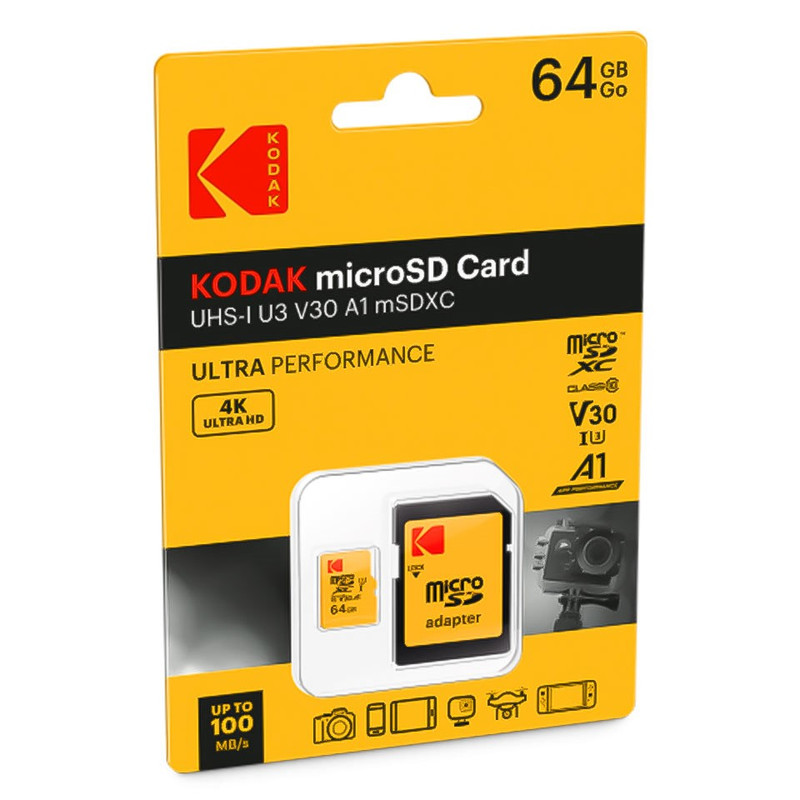 کارت حافظه microSDXC کداک مدل ULTRA PERFORMANCE کلاس 10 استاندارد UHS-I U3 V30 A1 سرعت 100MBps ظرفیت 64 گیگابایت به همراه آداپتورSD