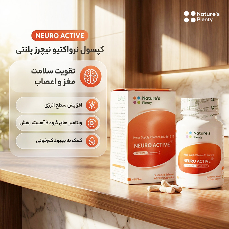 کپسول نرو اکتیو نیچرز پلنتی بسته 60 عددی، حاوی ویتامین B برای سلامت مغز و اعصاب، حفظ سطح انرژی، بهبود کم‌خونی و سلامت قلب و عروق مناسب بزرگسالان
