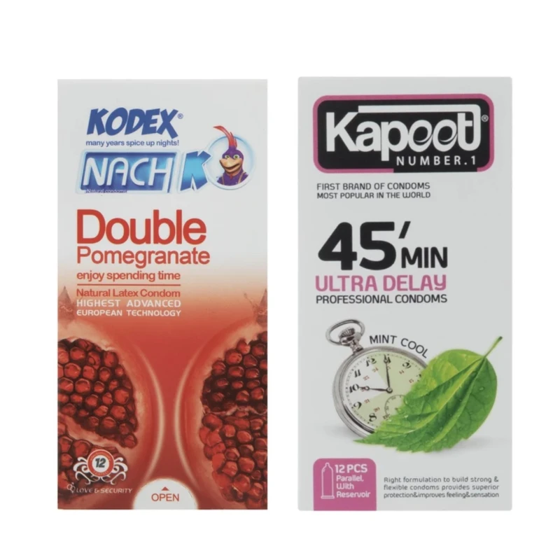 کاندوم کلاسیک کدکس مدل DOUBLE POMEGRANATE بسته 12 عددی به همراه کاندوم تاخیری کاپوت مدل 45MIN بسته 12 عددی