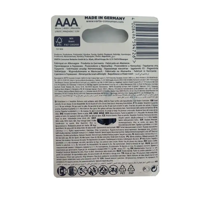 باتری نیم قلمی وارتا مدل Longlife -MN2400-LR03 بسته 2 عددی