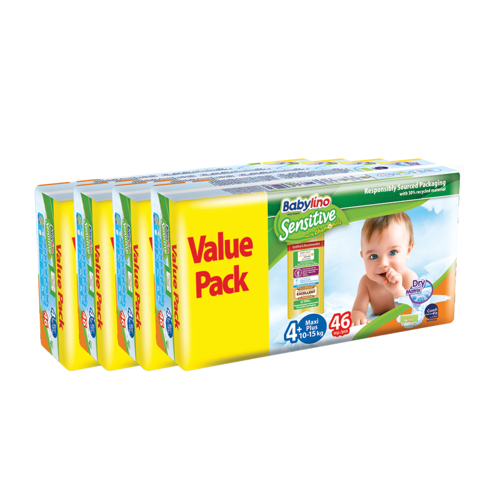 پوشک بیبی لینو مدل سنسیتیو کد 4 پلاس مجموعه چهار عددی بسته 46 عددی