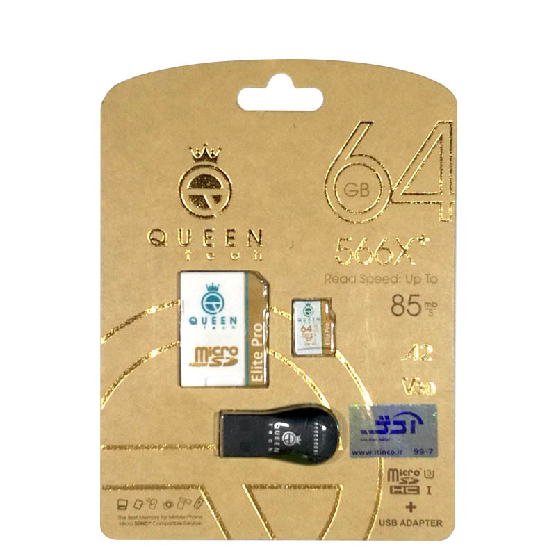 کارت حافظه microSDXC کوئین تک مدل +Elite pro 566X کلاس 10 استاندارد UHS-I U3 سرعت 85MBps ظرفیت 64 گیگابایت به همراه آداپتور SD و کارت خوان
