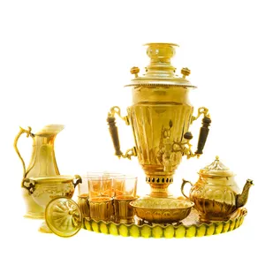 سرویس سماور ذغالی 12 پارچه برنجی مدل سوزنی ترک دار کد 4300