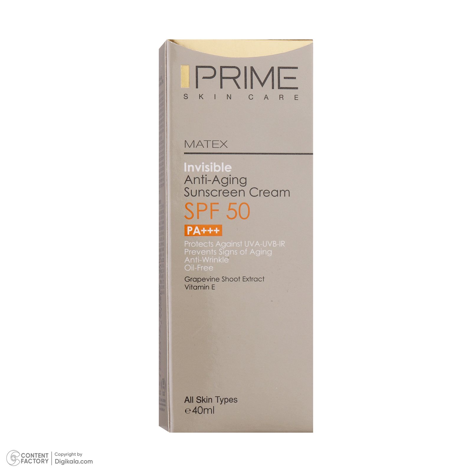 کرم ضدآفتاب بدون رنگ پرایم مدل Anti Aging SPF50، حجم 40 میلی‌لیتر -  - 12