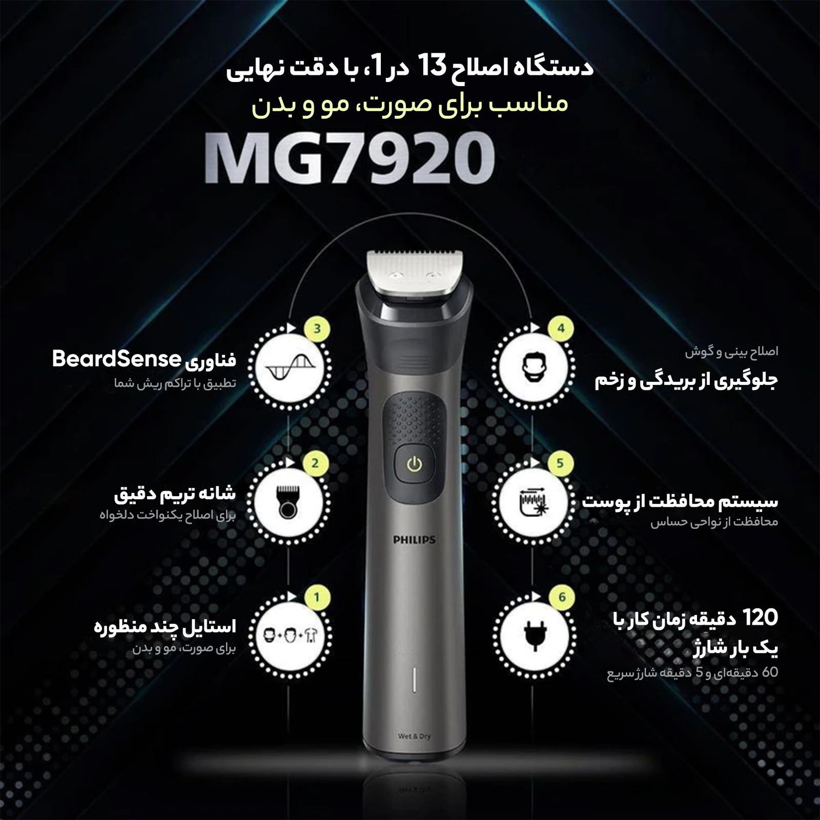 ست ماشین اصلاح موی صورت و بدن فیلیپس مدل MG7920 -  - 10