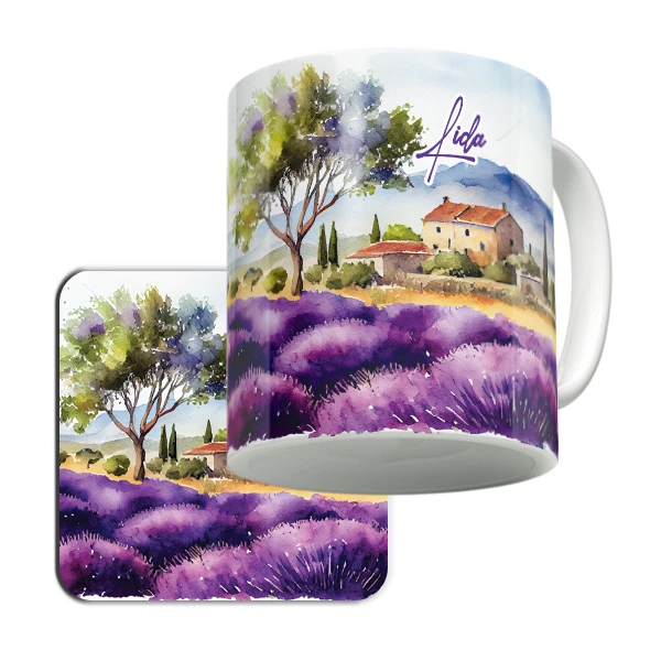 ماگ لاژید مدل اسم لیدا طرح نقاشی منظره به همراه زیرلیوانی