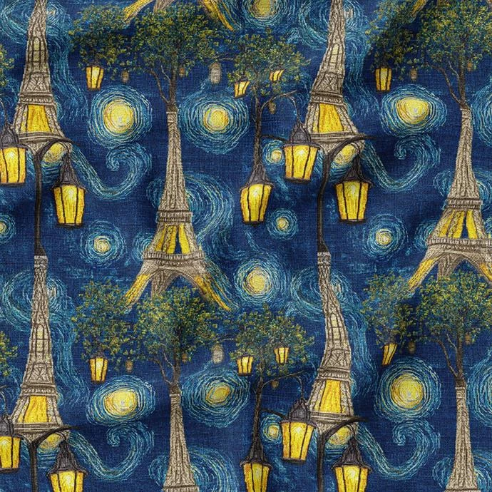 پارچه ملحفه عرض 1.5 متر پارچه باما طرح سه بعدی نقاشی ون گوگ برج ایفل کد 5015330 رنگ سرمه‌ای