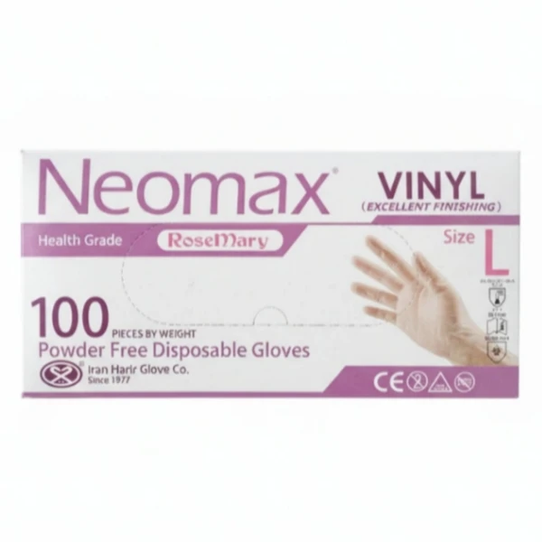 دستکش وینیل غیر پودری حریر مدل نئومکس سایز بزرگ (L) بسته ۱۰۰ عددی