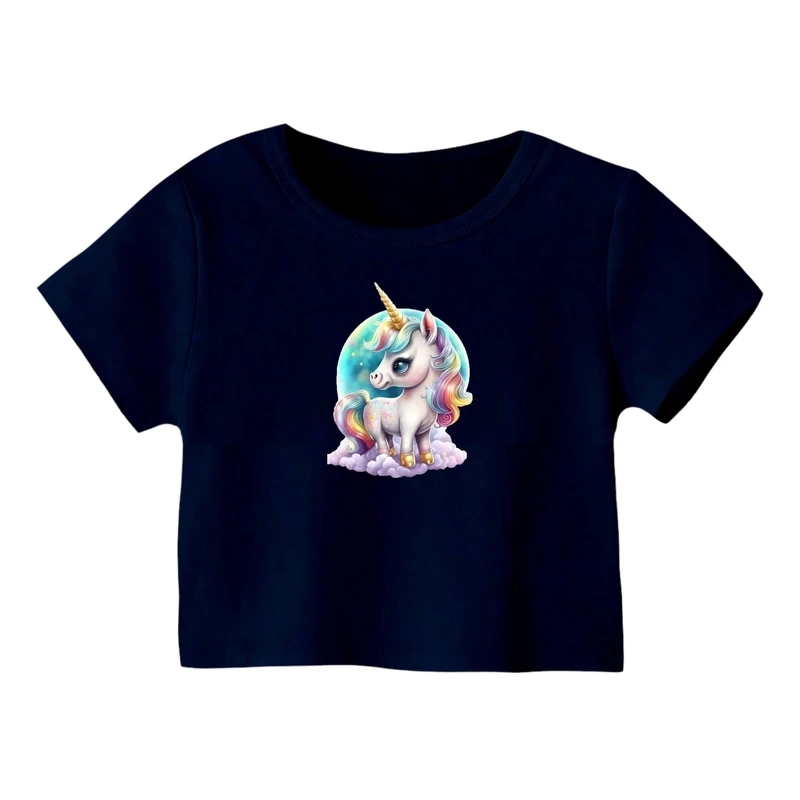 کراپ‌ تی‌شرت آستین کوتاه زنانه مدل یونیکورن کد ۸