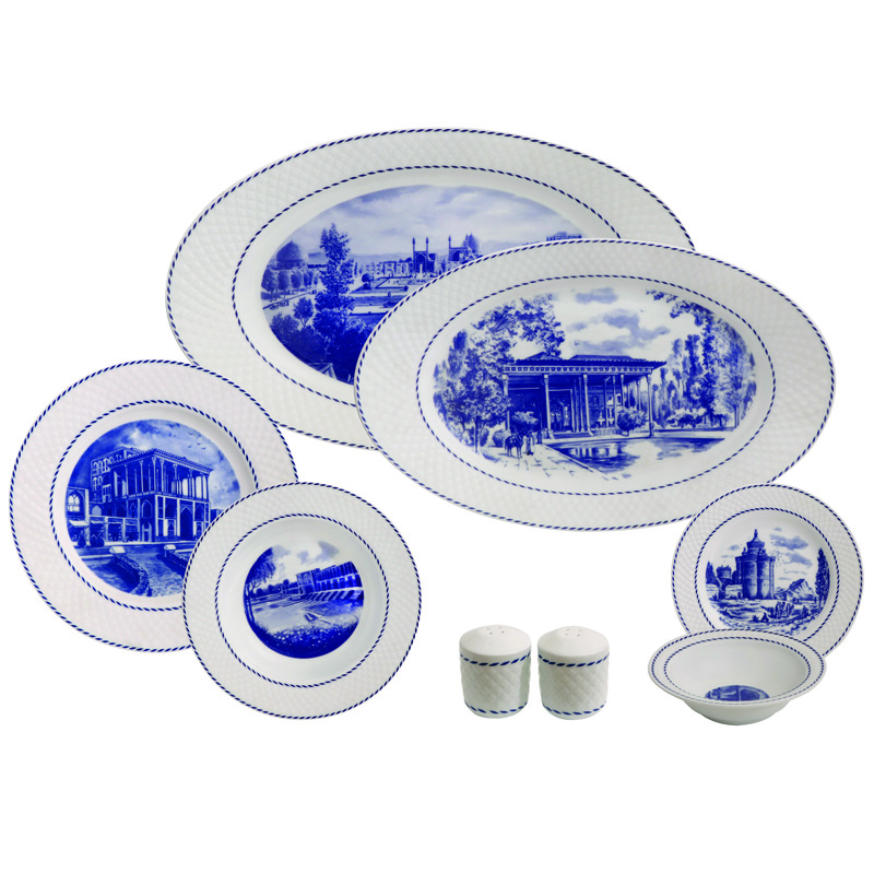 سرویس غذاخوری 28 پارچه چینی زرین ایران سری رادیانس مدل نقش جهان درجه یک